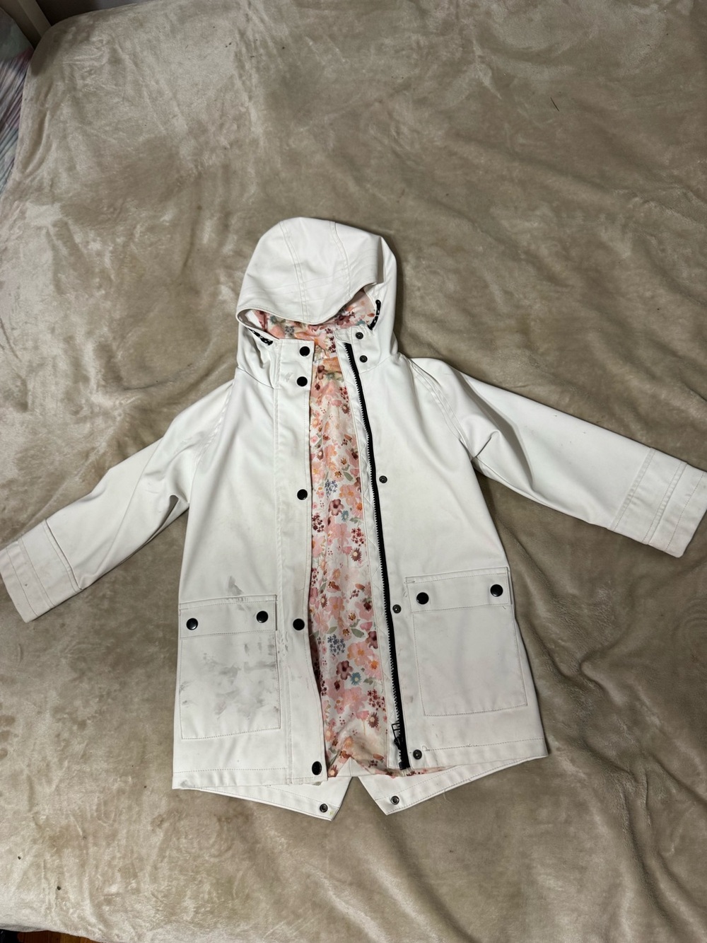 Amazon Kids White Hooded Raincoat with Pink Floral Lining